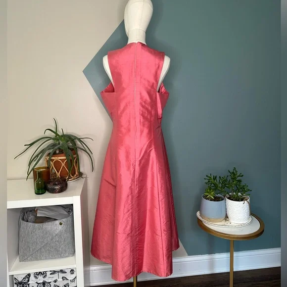 Elda De La Rosa Haute Couture Pink Shantung Silk Sleeveless A-Line Midi Dress L - Picture 5 of 11